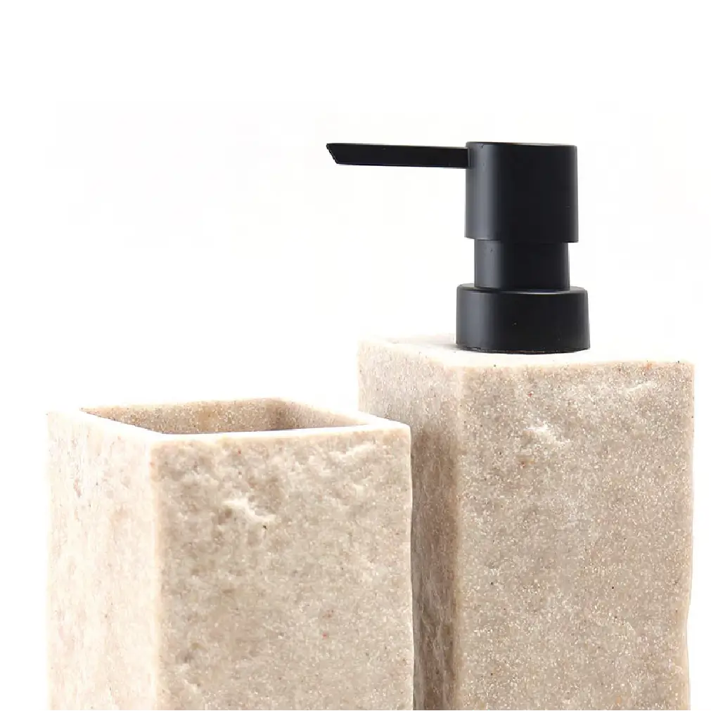 3-Piece Beige Stone Bathroom Accessory Set – Soap Dispenser, Toothbrush Holder & Soap Dish
