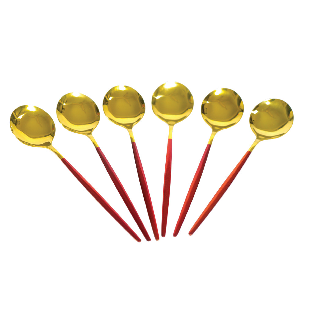 Royal Gold Red Handle Soup Spoon Set (6 Pieces)